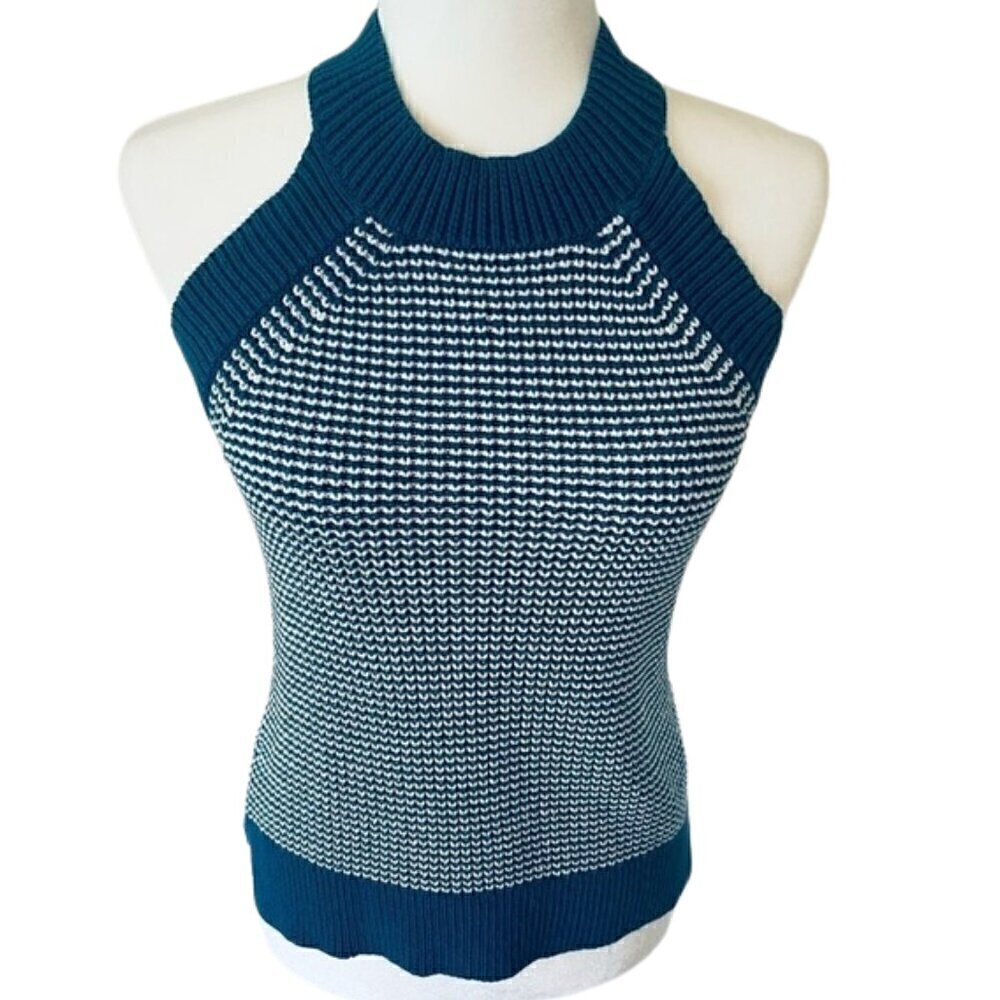 💙 LOFT Teal & White Halter Sweater Tank – Sleeveless, Size XS